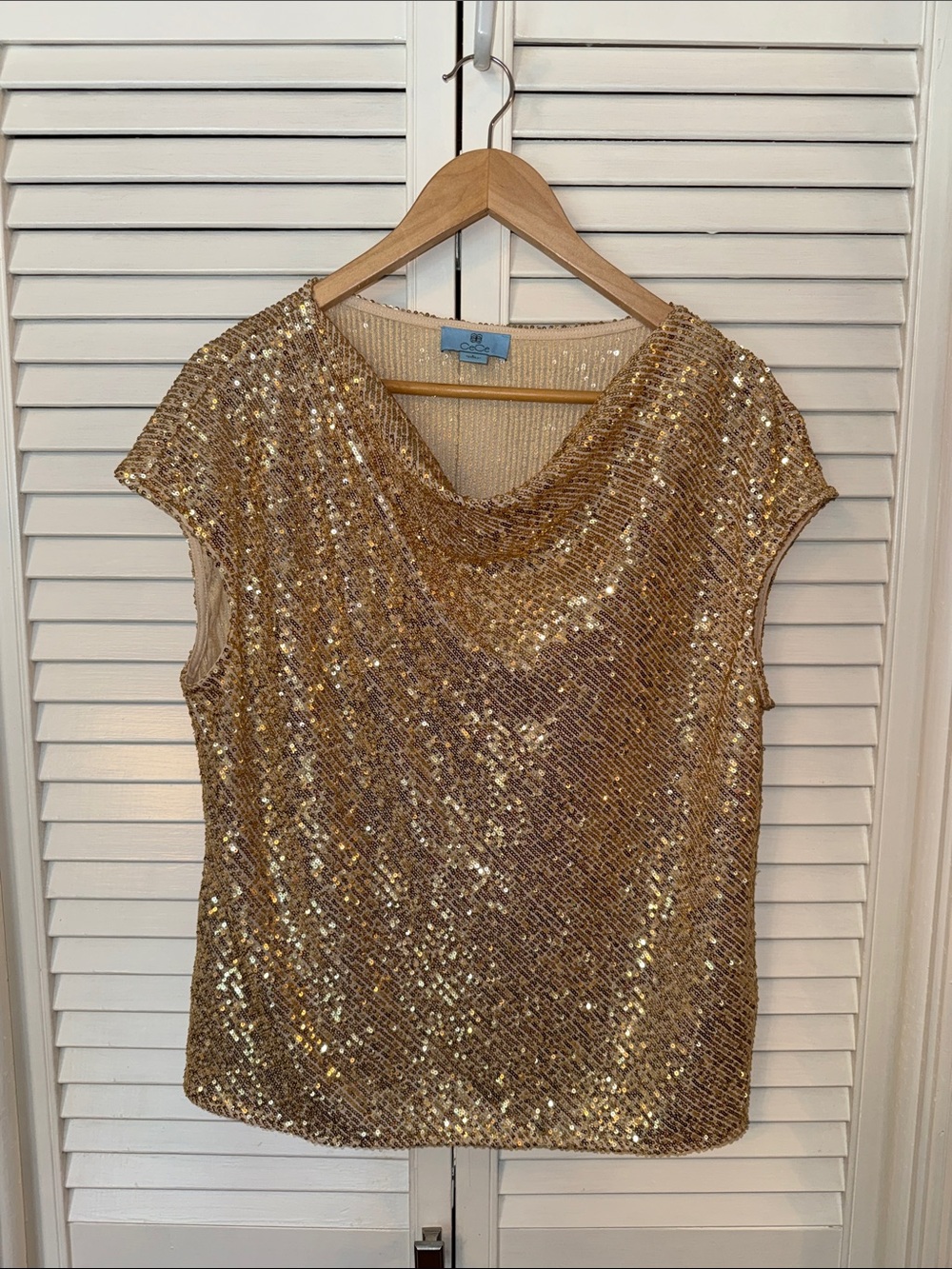 CeCe Gold Sequin Sleeveless Top – Drape Neck – Party / Holiday